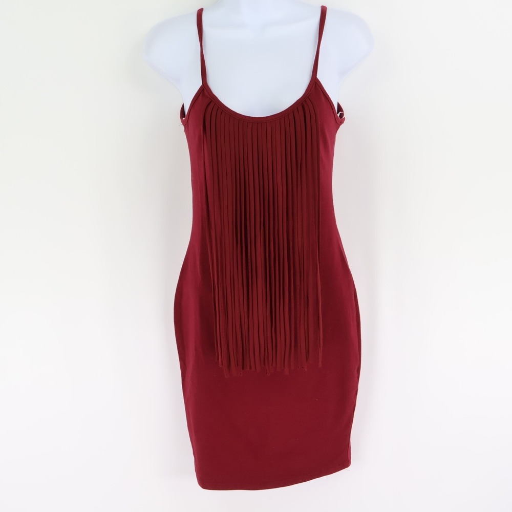 Rue 21 Bodycon Dress Womens Size S Maroon Fringe Spaghetti Straps Scoop Neck NWT